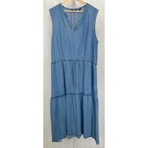 LANDS' END Tiered Midi Dress Sleeveless V Neck Lyocell Chambray Denim Blue XXL